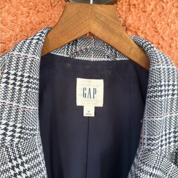GAP Single Breasted Long Line Blazer Jacket Navy Blue White Plaid Stretch 12 - Picture 3 of 6